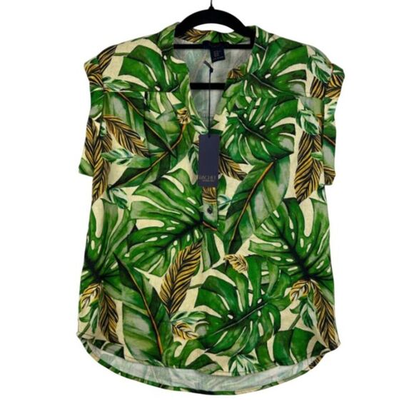 Rachel Roy Linen Blend Popover Top Womens XS Tropical Oversized Boxy Resort NWT - Picture 1 of 9
